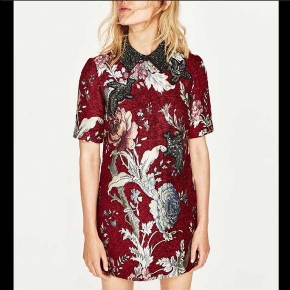 Zara Burgundy Floral Mini Dress with Embroidered Collar XS